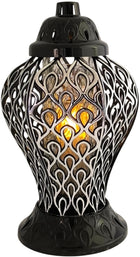 Duży znicz ażurowy na grób lampion czarno-srebrny 36 cm na cmentarz LED, dekoracja nagrobna, światło pamięci, ozdoba