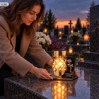 Znicz solarny LED duży szklany srebrny metalowy nagrobny ledowy 22cm lampka cmentarna na grób, lampion na Wszystkich