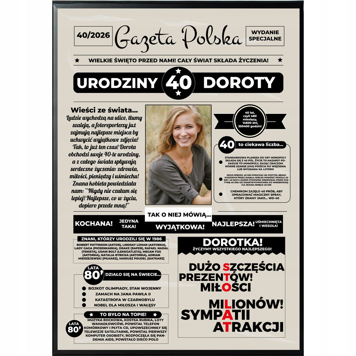 40 urodziny prezent gazeta plakat dla niej kobiety pamiątka na czterdziestkę, ozdoba na przyjęcie