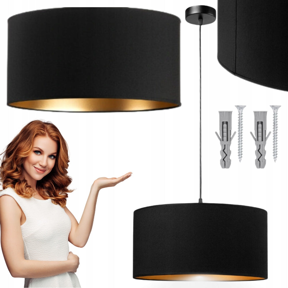 Lampa wisząca pojedyncza loft 40cm abażur czarny złoty oświetlenie sufitowe, tkaninowy klosz, gwint E27, 60 w, do salonu