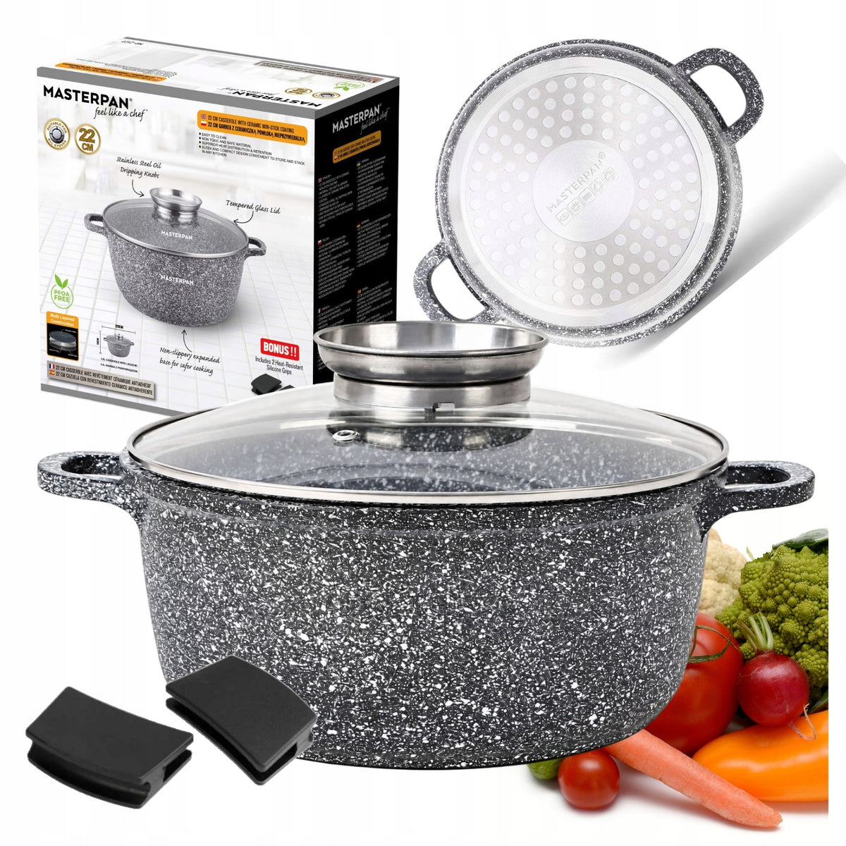 Garnek granitowy 3500 ml 22 cm z pokrywką indukcja gaz łapki silikonowe aluminiowy do kuchni ceramicznej i