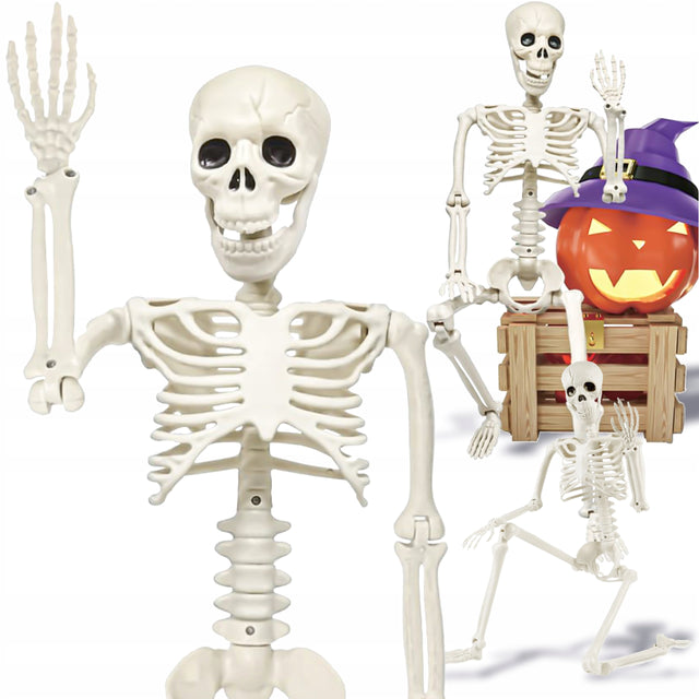 Dekoracja szkieletor szkielet kościotrup dekoracyjny na Halloween 90 cm ruchome kończyny, plastikowa ozdoba stojąca