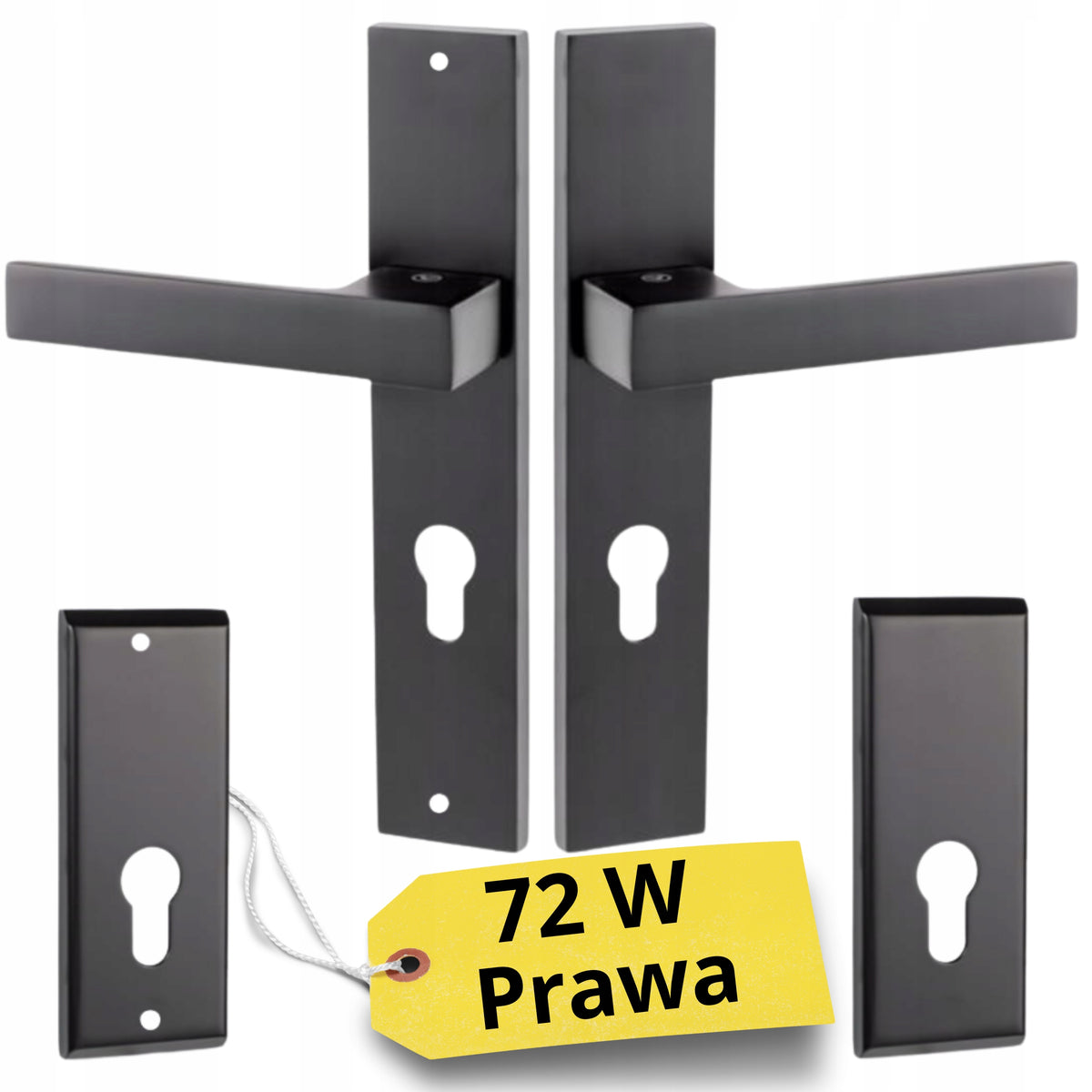 Klamka do drzwi wejściowych czarna 72 prawa z szyldem górnym zestaw premium pochwyt, norma pn-en 1906:2012