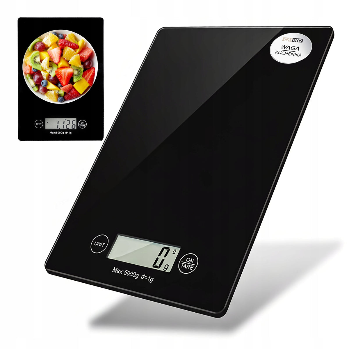 Waga kuchenna elektroniczna do odmierzania ważenia szklana 5 kg czarna z funkcją tarowania, pomiar gramów i kilogramów