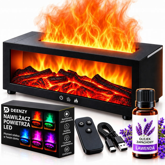 Nawilżacz powietrza kominek LED RGB dyfuzor aromaterapia timer + olejek nawilżacz ultradźwiękowy 10 w