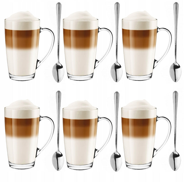 Komplet 6x kubki latte szklane Duże 400ml łyżeczki szklanki do kawy i herbaty, przezroczyste, można myć w zmywarce