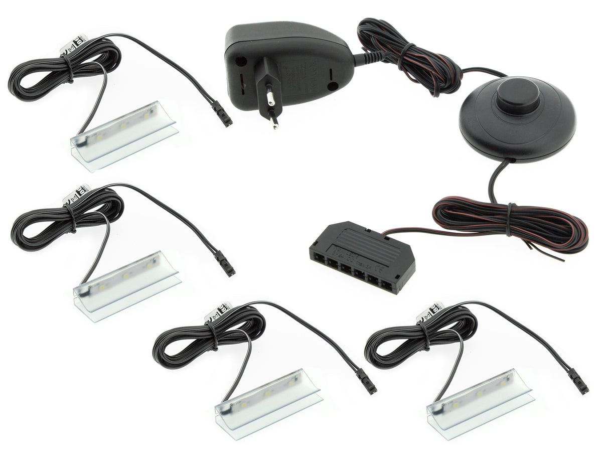 KPL.4x Klips PCV LED do szklanej półki +zasilacz oświetlenie witryny meblowej, lampka do gabloty 12V DC, 0,96 w