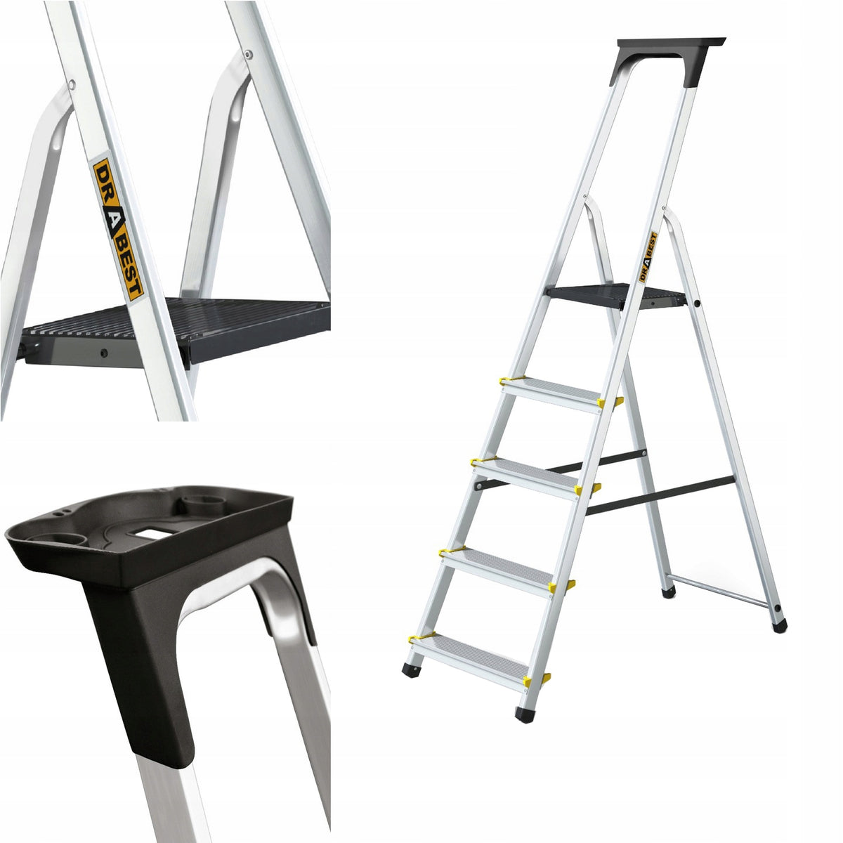 Drabina aluminiowa domowa PRO jednostronna 5 stopniowa z półką 150 kg podest 97 cm, wysokość robocza 2,97 m, do prac