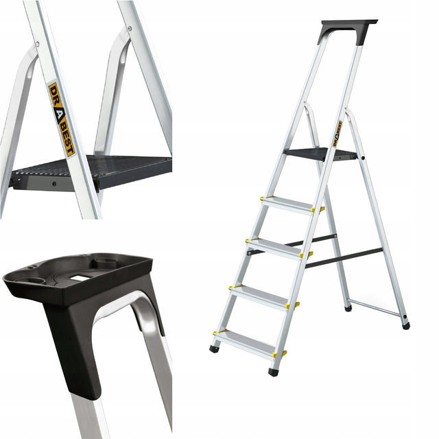 Drabina aluminiowa domowa PRO jednostronna 5 stopniowa z półką 150 kg podest 97 cm, wysokość robocza 2,97 m, do prac remontowych