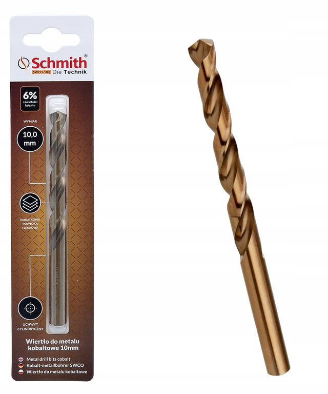 Schmith Wiertło do metalu stali żeliwa kobaltowe 10 mm 1 szt. SWCO-10,0 spiralne z chwytem walcowym do blach