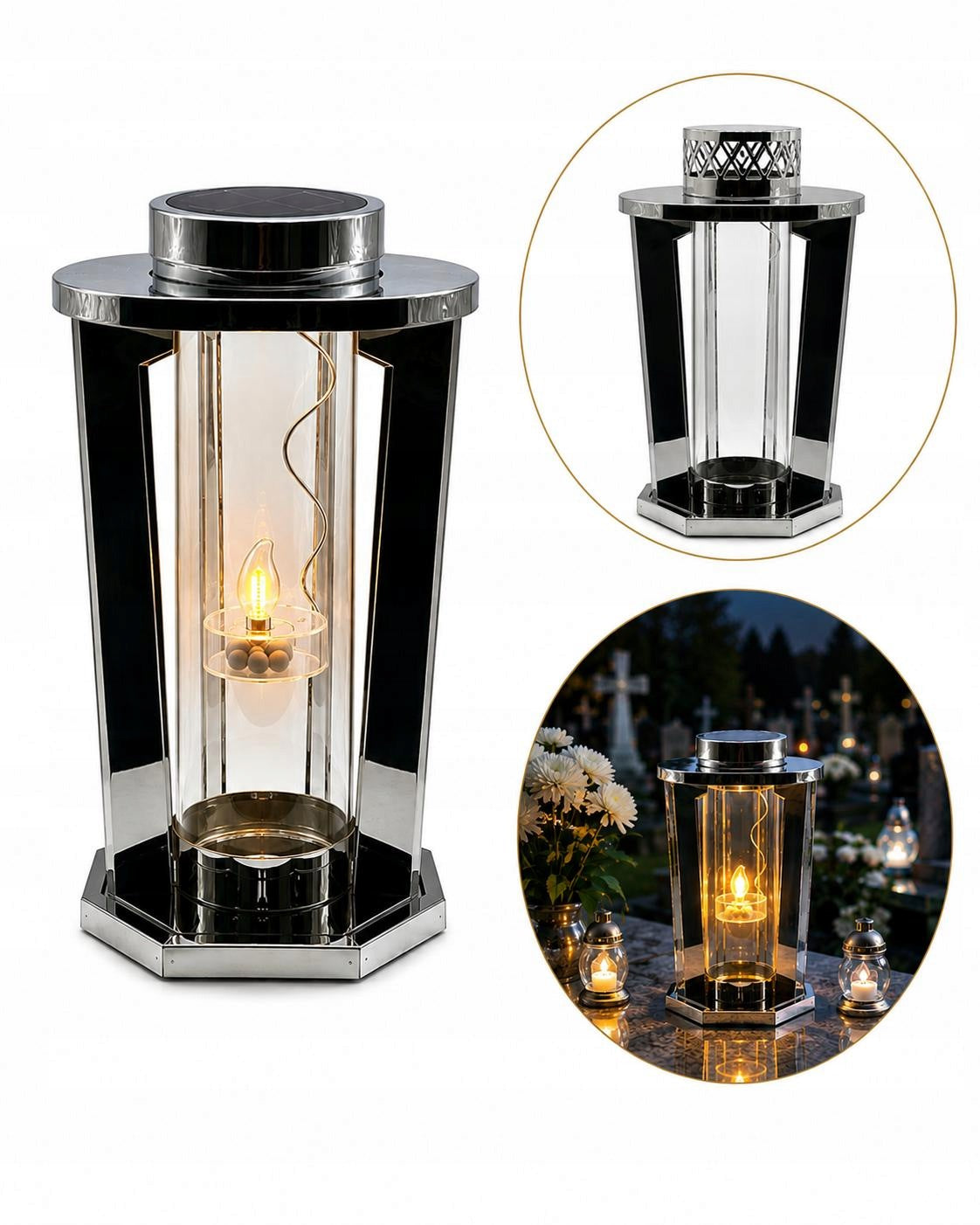 Znicz kapliczka LS-6 srebrna metalowa szlana 2W1 solarna nowoczesna Na Grób lampion cmentarny 28 cm