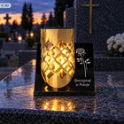 Znicz solarny LED duży szklany złoty metalowy nagrobny cmentarz ledowy lampion na grób, lampka nagrobkowa, dekoracja