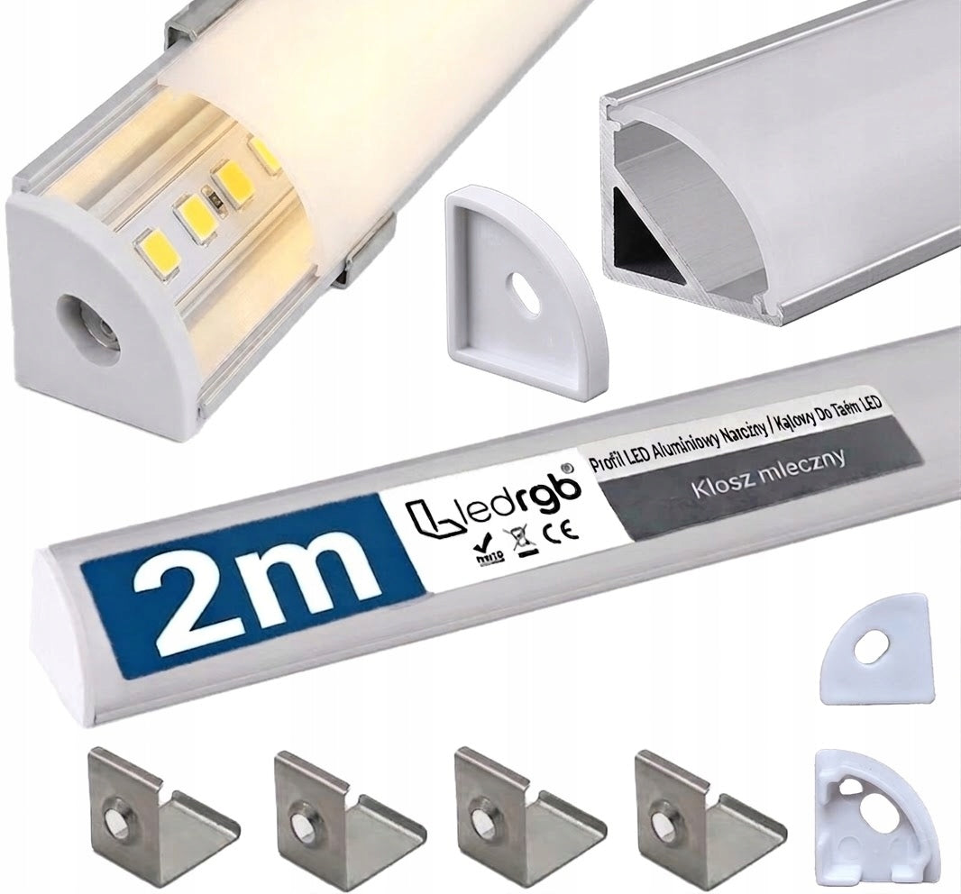 Profil do Taśmy LED Aluminiowy anod narożny kątowy 2m klosz mleczny uchwyt listwa montażowa, osłona diod, do pasków