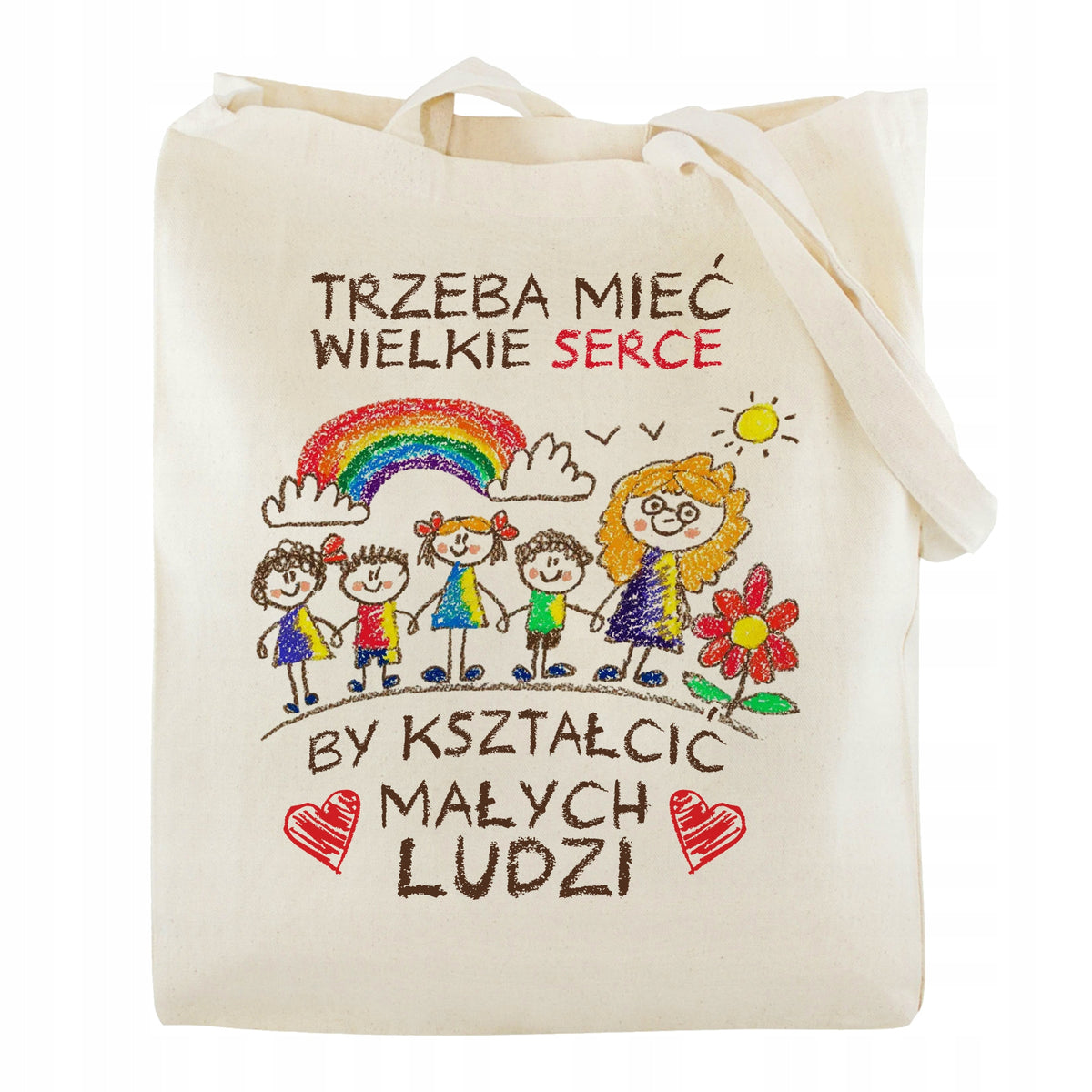 EKO TORBA BAWEŁNIANA NA DZIEŃ NAUCZYCIELA TRZEBA MIEĆ WIELKIE SERCE PREZENT siatka zakupowa z nadrukiem, upominek dla