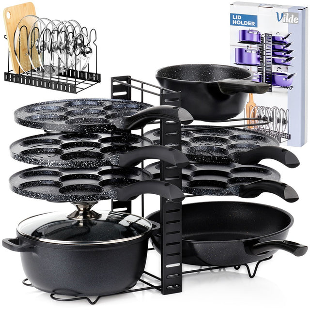 Stojak kuchenny organizer półka regał na garnki patelnie pokrywki talerze do szafki, czarny ze stali nierdzewnej, 47 cm
