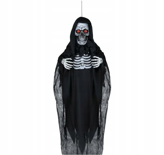 Interaktywny szkielet wiszący kościotrup 180cm światło dźwięk halloween figura kostucha, ozdoba na imprezę tematyczną, dekoracja grozy