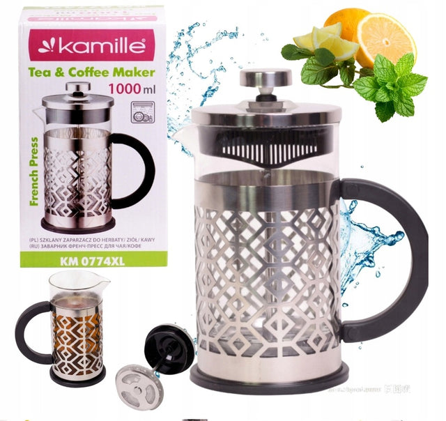 Zaparzacz tłokowy 1000 ml szklany kawiarka dzbanek do kawy herbaty kamille french press, praska, 4 filiżanki, mycie w zmywarce