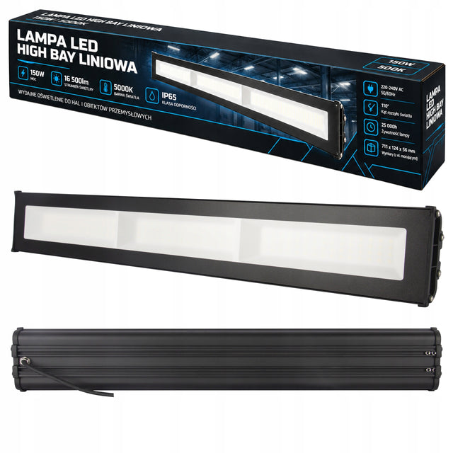 Lampa robocza LED liniowa Przemysłowa High bay 150W 5000K Bardzo Mocna oświetlenie hali magazynu, oprawa warsztatowa aluminiowa czarna