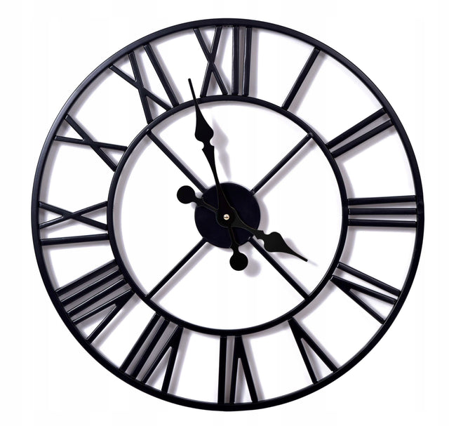 Zegar rzymski vintage retro loftowy czarny metalowy ścienny duży loft 50 cm analogowa tarcza na baterie do salonu i sypialni