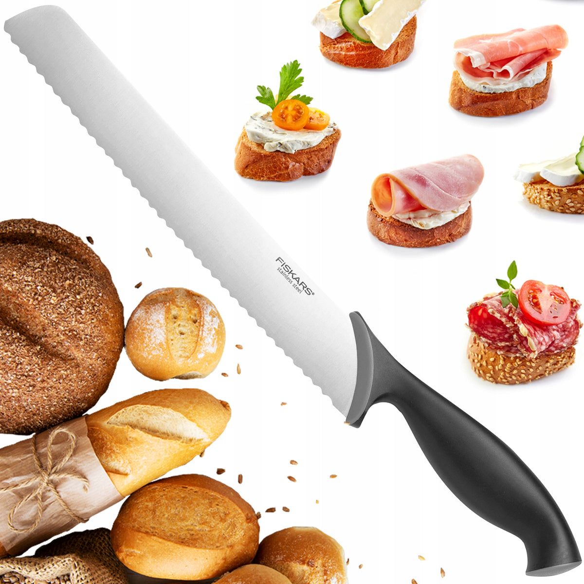 FISKARS NÓŻ DO CHLEBA KROJENIA PIECZYWA DŁUGI OSTRY ZĄBKOWANY 23cm stalowe ostrze, plastikowy uchwyt, do bagietek i