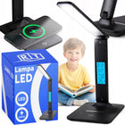 LAMPKA LED BIURKOWA REGULOWANA SZKOLNA BIURKO WYŚWIETLACZ LCD BUDZIK USB do nauki i czytania, ściemniana, czarna