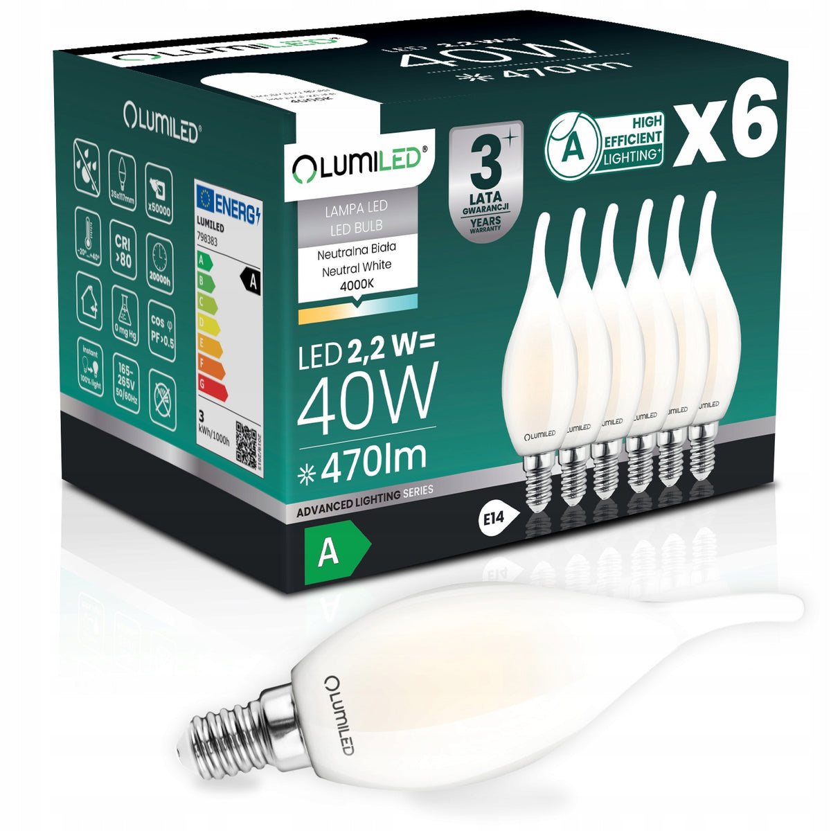 6x żarówka LED E14 filament klasa a 2,2W 470LM = 40W 4000K 360° świeca do żyrandola i kinkietu, neutralne białe