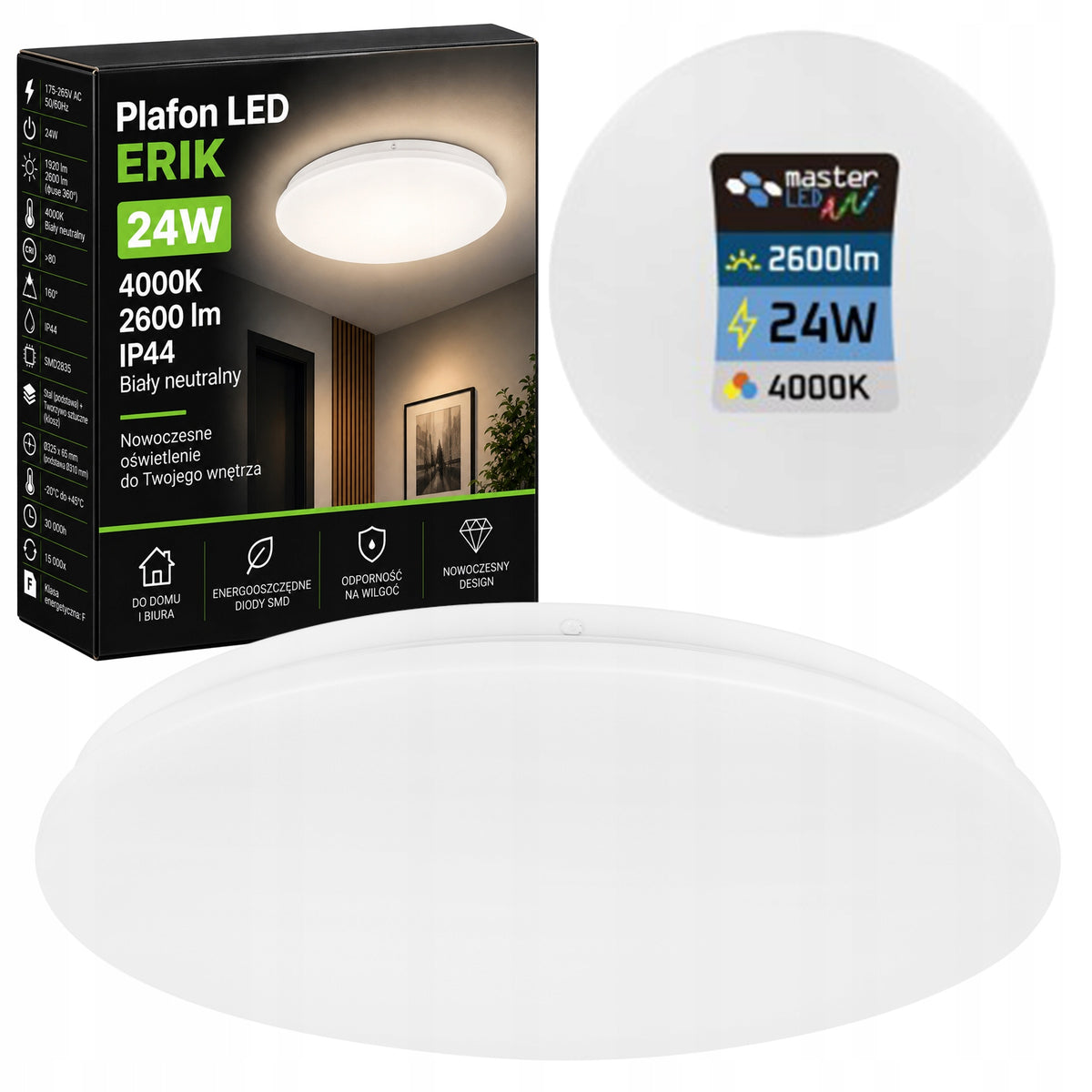 Plafon LED Panel Sufitowy Natynkowy Lampa 24W Nie Mruga Okrągły Biały do salonu, kuchni i korytarza, światło neutralne