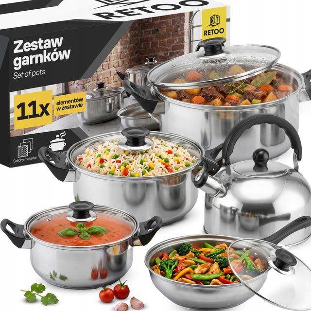 Komplet garnków kuchennych 11 EL. GAZ indukcja czajnik patelnia + pokrywki stal nierdzewna, powłoka ceramiczna, nienagrzewające się uchwyty