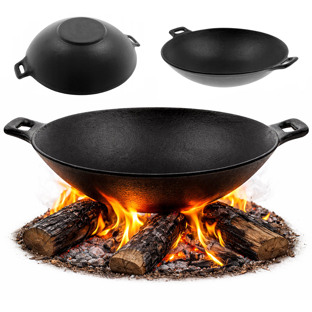 Patelnia żeliwna GŁĘBOKI WOK z dwoma rączkami 37cm INDUKCJA KUCHNIA TAJSKA naczynie do stir-fry, smażenia i dań