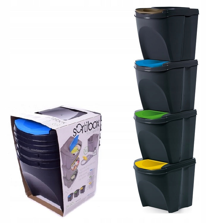 Zestaw 4x kosz pojemnik do segregacji śmieci 4x25l na odpady komunalne i recykling, plastikowy sortownik do kuchni