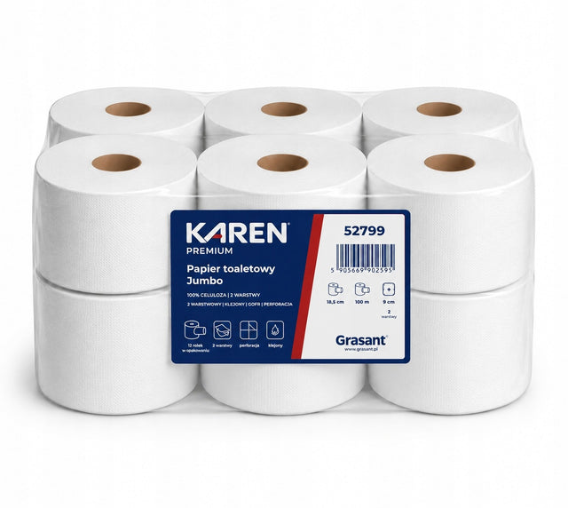 Papier Toaletowy Jumbo Karen Celuloza 2-warstwowy 100 m 12 Rolek biały, bezzapachowy, suchy, 400 listków, do dozownika