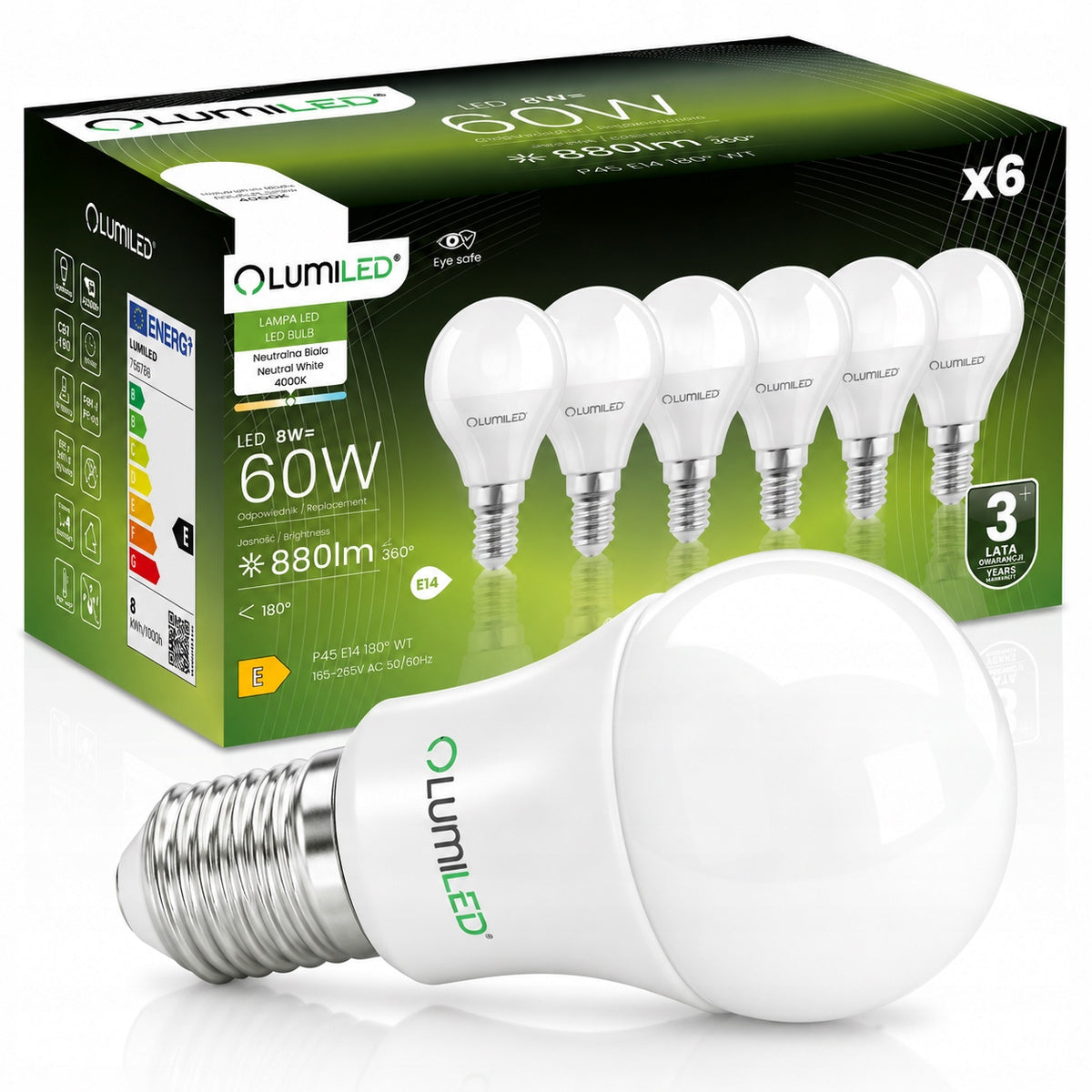 6x Żarówka LED E14 Mała Kulka 8W =60W 880lm 4000K premium lumiled NIE mruga źródło światła, neutralna biel, do lamp i