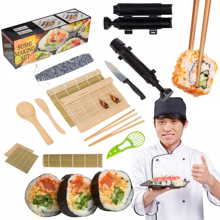 ZESTAW DO ROBIENIA SUSHI Z PAŁECZKAMI KOMPLET BAMBUSOWA MATA BAZOOKA NÓŻ akcesoria kuchenne, przybory wielorazowe