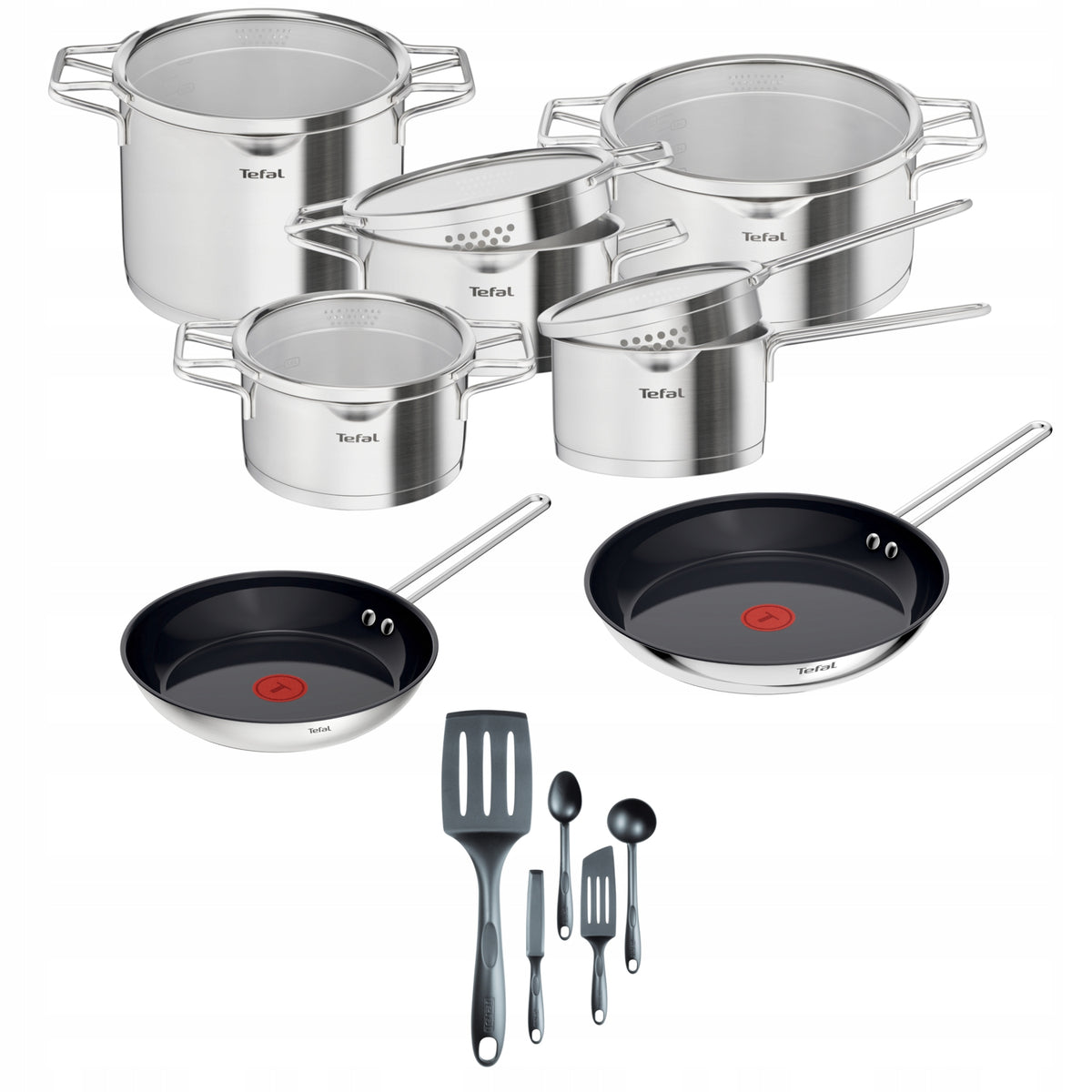 Zestaw garnków i patelni tefal Nordica szpatułki indukcja ceramiczne 17 el. naczynia kuchenne stal nierdzewna powłoka