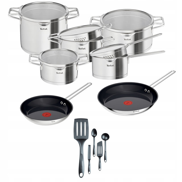 Zestaw garnków i patelni tefal Nordica szpatułki indukcja ceramiczne 17 el. naczynia kuchenne stal nierdzewna powłoka nieprzywierająca do gazu i