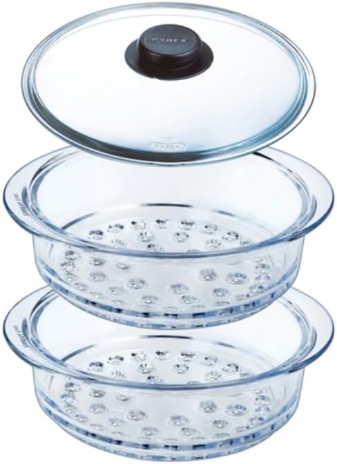 Zestaw 2x sito szklane parowar i 1x pokrywa szklana 20 cm Pyrex wkład do gotowania na parze, do piekarnika i zmywarki, pojemność 4 l naczynie do pary