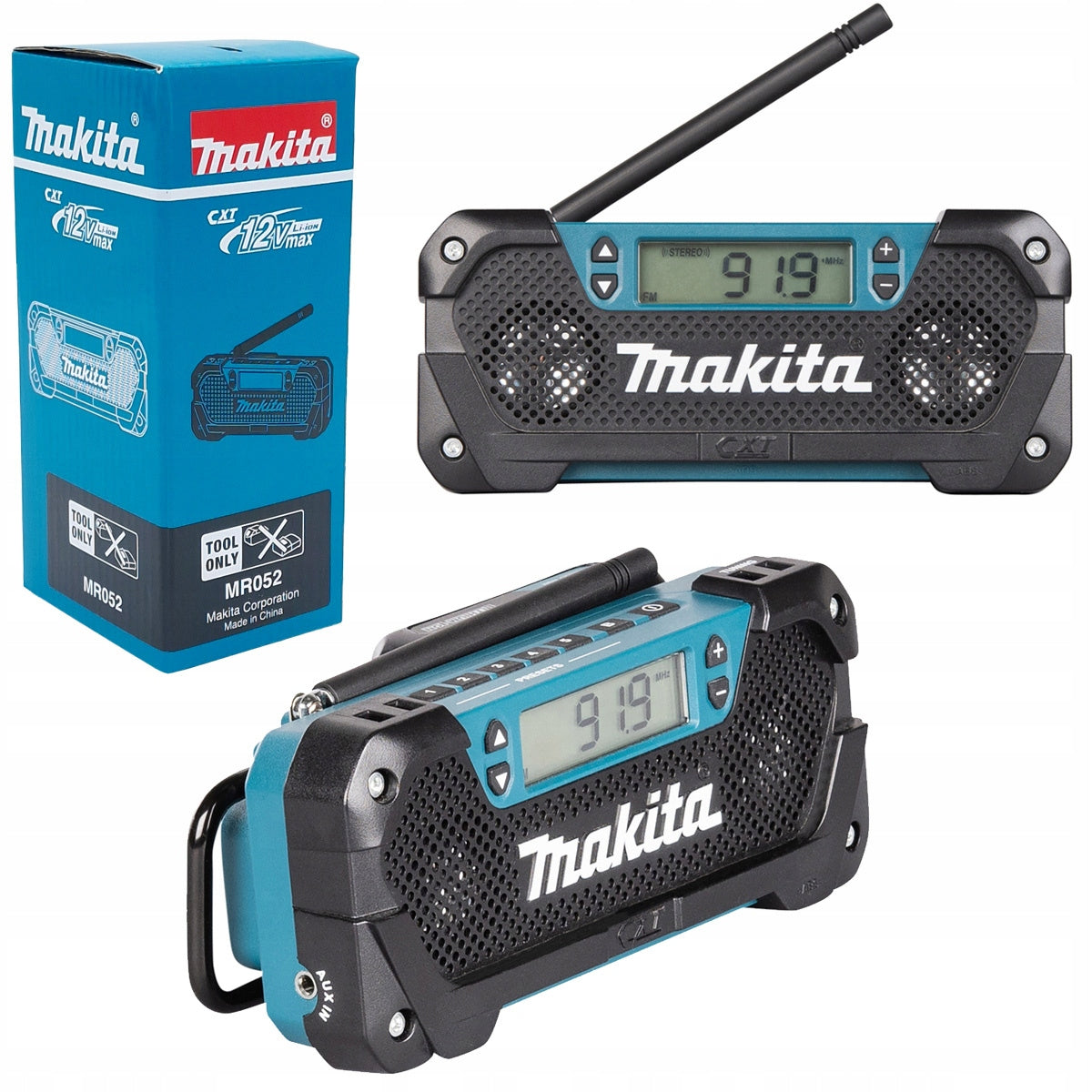 Makita Radio budowlane Odbiornik radiowy akumulatorowe 12V 10,8V CXT MR052 do warsztatu i na budowę, kompatybilny z