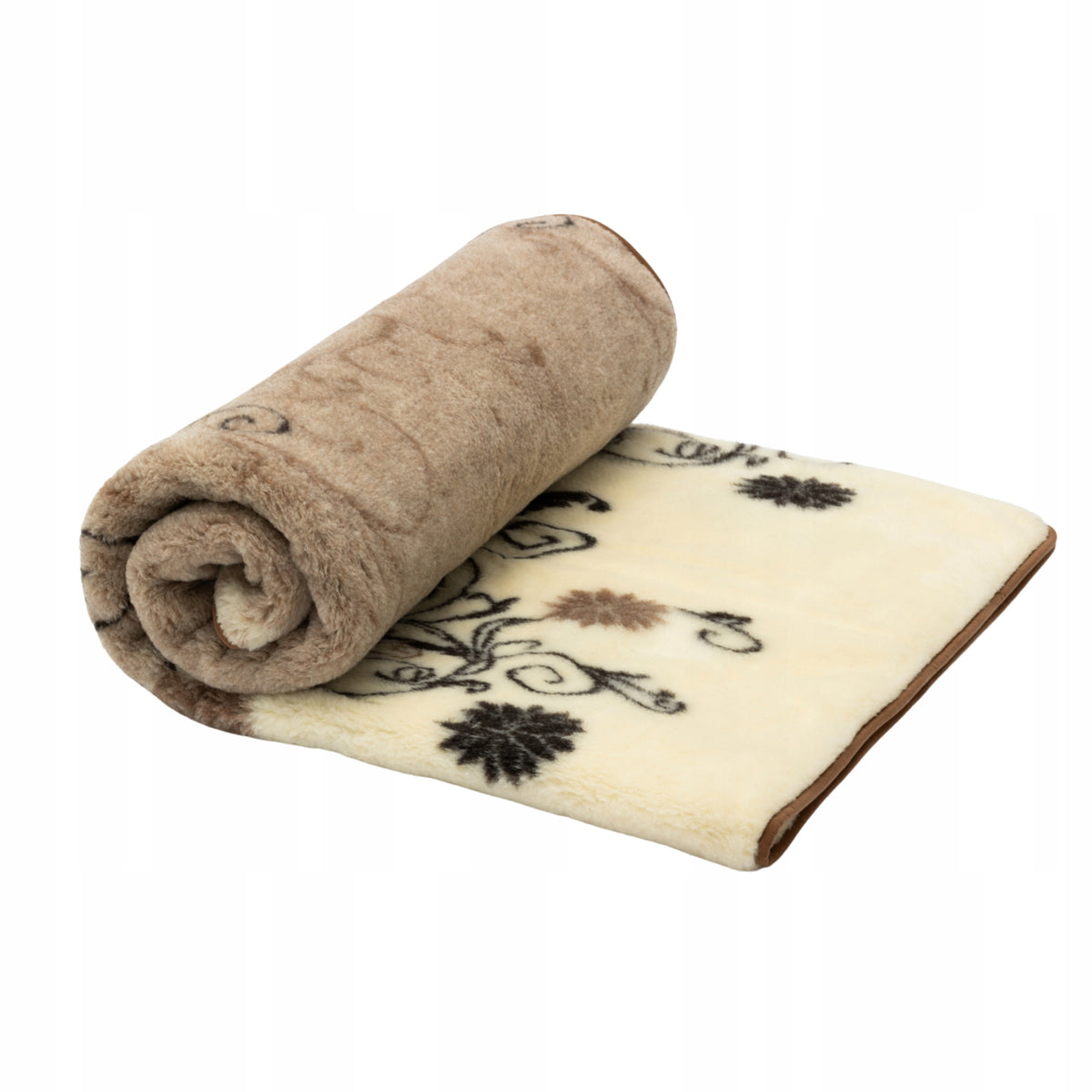 Koc Wełniany Merynos Australijski 100% Wełna wzór elegant brąz beż 140x200 Pled narzuta na łóżko i kanapę naturalne