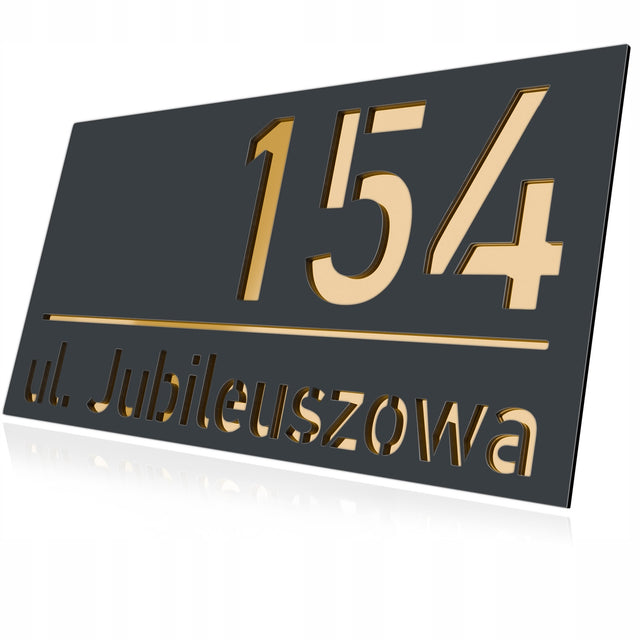 Premium Tabliczka Adresowa Numer na dom Lustrzane Antracyt - Złoty 40x20 cm oznaczenie posesji, szyld wejściowy z aluminium, grubość 5 mm