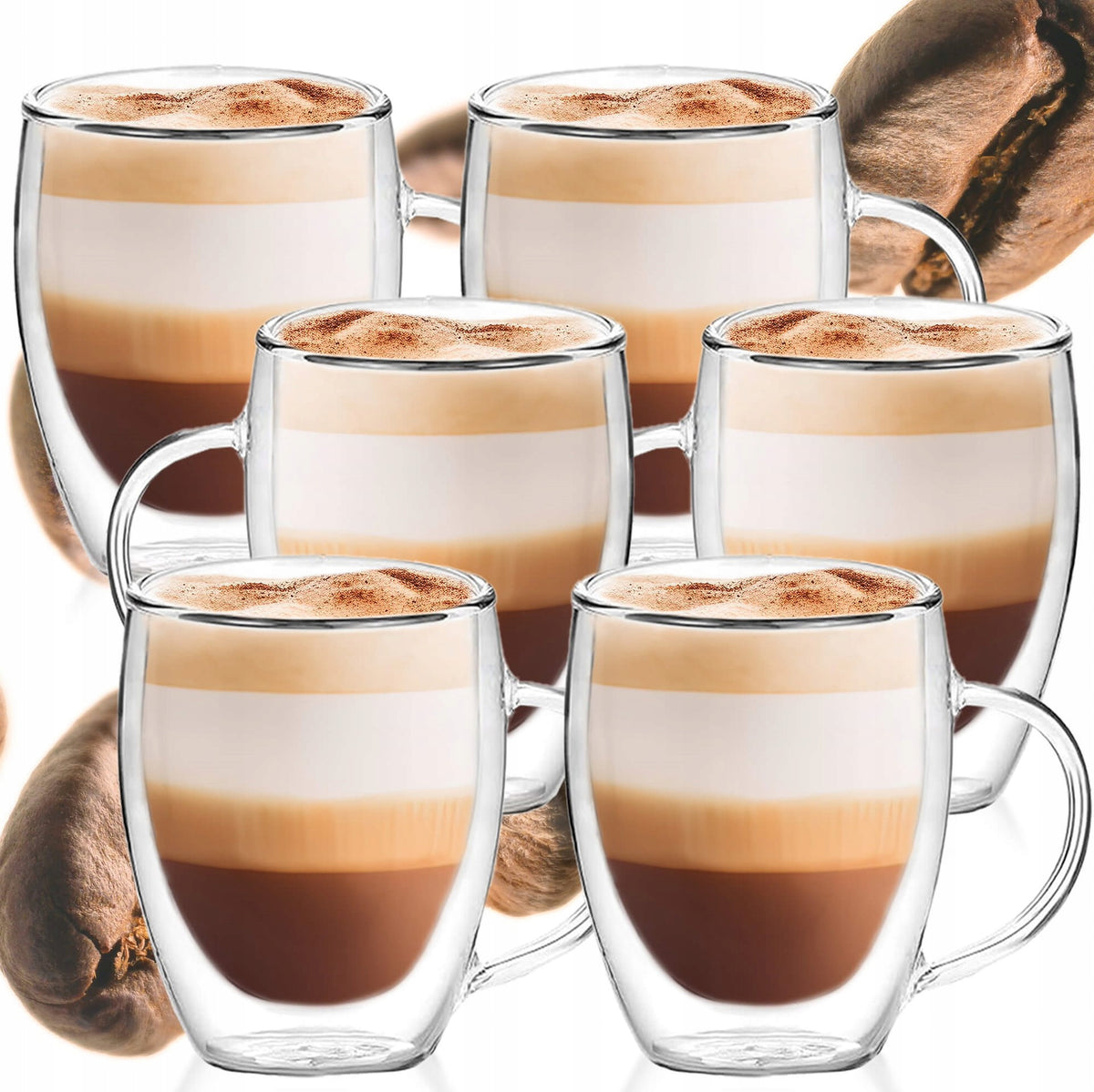 SZKLANKA TERMICZNA 6szt DO KAWY LATTE HERBATY Z PODWÓJNYM DNEM UCHEM 300ml kubki szklane do napojów gorących bezbarwne