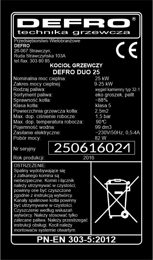 Tabliczka znamionowa na kocioł defro adapter do pieca dwufunkcyjnego, jednofunkcyjnego, z zasobnikiem CWU