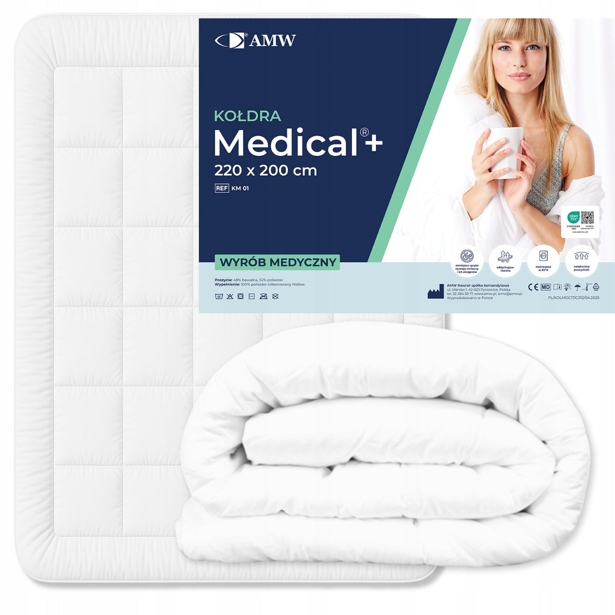Antyalergiczna Kołdra Medical+ 200x220 Całoroczna Duża Do sypialni AMW pralna w pralce, włókno silikonowe, poszycie