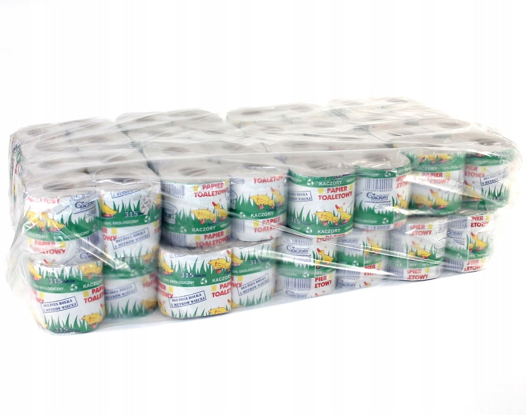 Polski papier toaletowy kaczory 64 rolki szary - jakość suchy, z recyklingu, 315 listków, jednowarstwowy, bezzapachowy