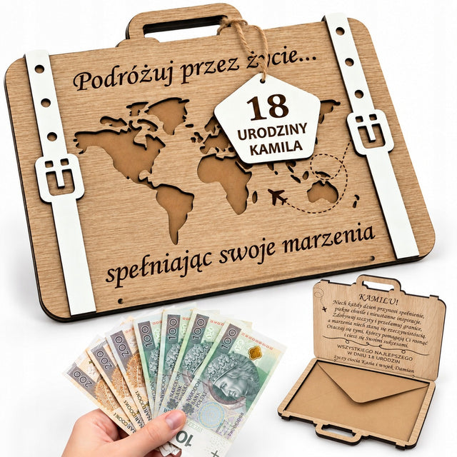 Prezent na 18 urodziny dla chłopaka dziewczyny Walizka Pudełko na pieniądze kartka z grawerem, ramka z życzeniami, mapa świata