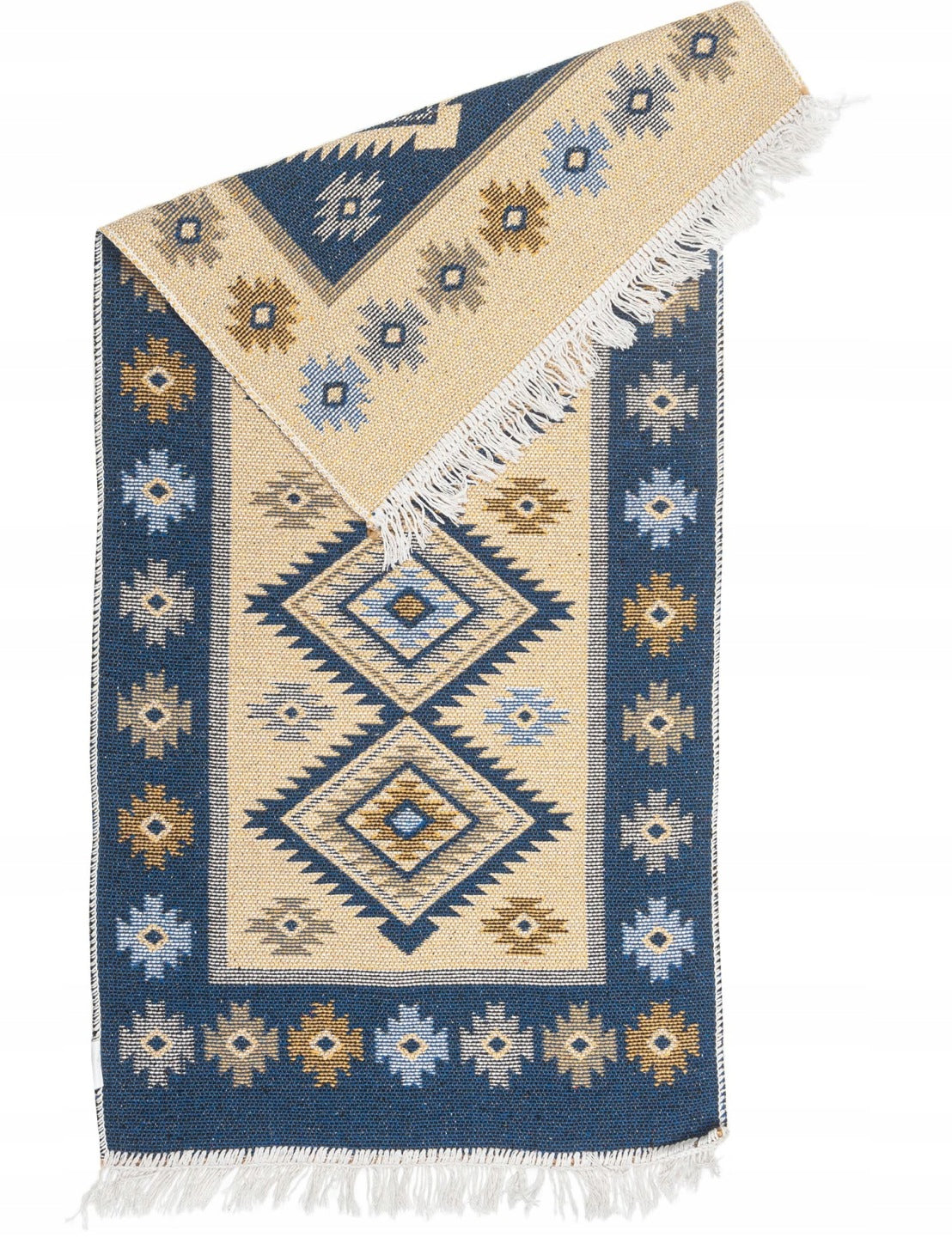 Dywan kilim tkany dwustronny wzór 80x150cm frędzle bawełniany chodnik orientalny niebieski prostokątny do wnętrz