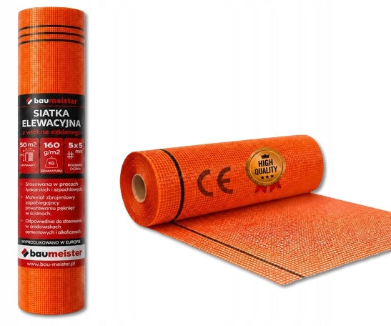 Siatka elewacyjna podtynkowa 1x50m 160g/m2 z włókna szkalnego atest jakość do ociepleń budynków, wzmacniająca tynk, zbrojąca, rolka 50 m²