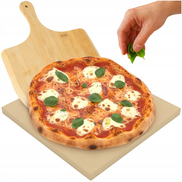 Kamień do Pizzy Ruhhy 38x36 cm z Łopatką Bambusową 2w1 Deska XXL Kordieryt wypiek chleba, pieczywa i ciast, akcesorium piekarnicze