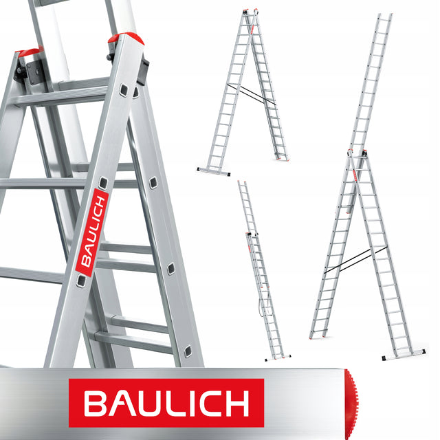 Drabina aluminiowa 3x16 wielofunkcyjna profesjonalna baulich hak przystawna rozstawna do prac budowlanych, udźwig 150 kg, wys. robocza 10,83 m
