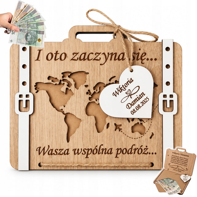 Pudełko na pieniądze ślub prezent dla pary młodej Kartka wesele grawer drewniana pamiątka personalizowana z kopertą, na rocznicę