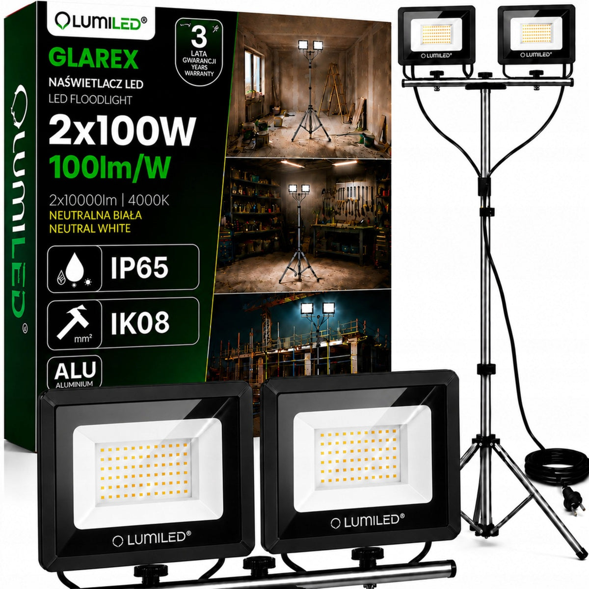 Zestaw halogen naświetlacz lampa LED statyw 2x 100W Roboczy budowlany mocny reflektor warsztatowy 20000 lm 4000 K IP65